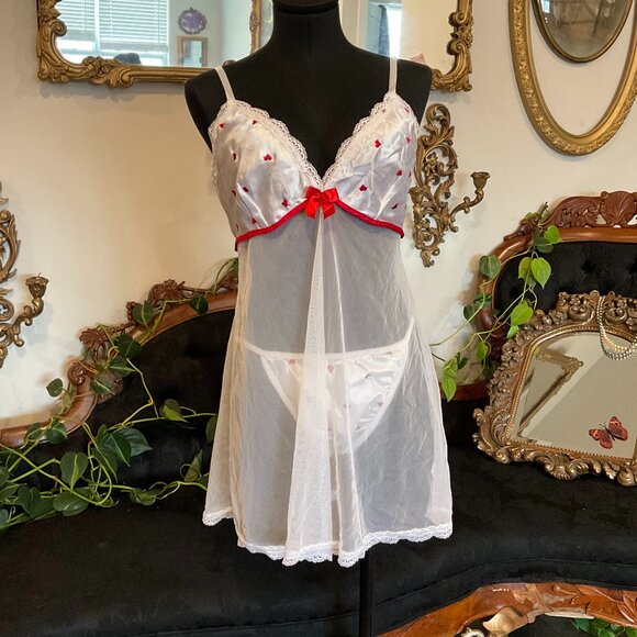 Vintage lingerie heart Secret Treasures Mesh Satin Slip Dress W/Panty Size 2X - Picture 1 of 7